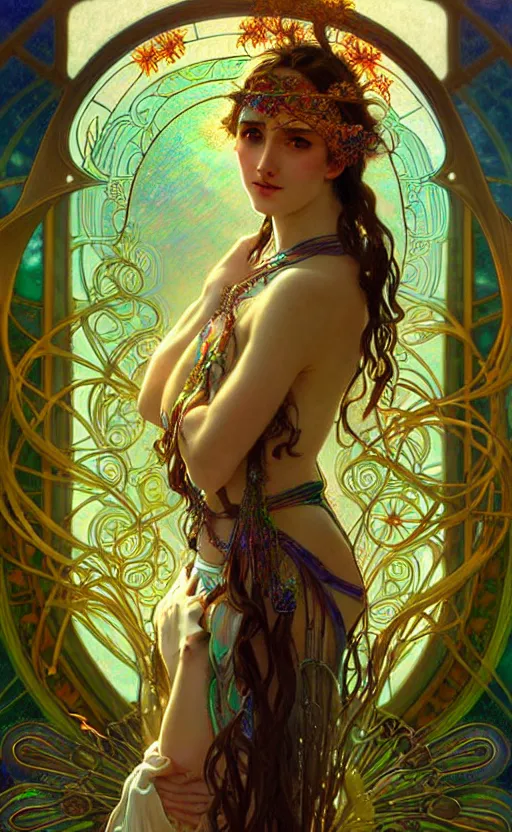 Image similar to ancient greek and gypsy and druid culture crossover, female, ecopunk art nouveau architecture, iridescent and opalescent, twilight, refractive crystal, elegant, feather hair ornaments, highly detailed, digital painting, glowing particles, misty, cinematic lighting, smooth, sharp focus, art by nixeu, by wlop, by alphonse mucha.