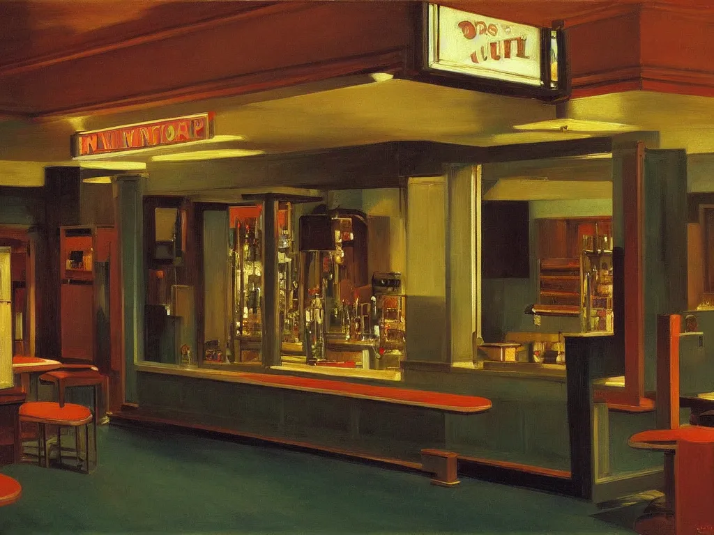 Prompt: interior view of an empty bar in the 70s with a jukebox at night, ultra view angle view, realistic detailed painting by edward hopper