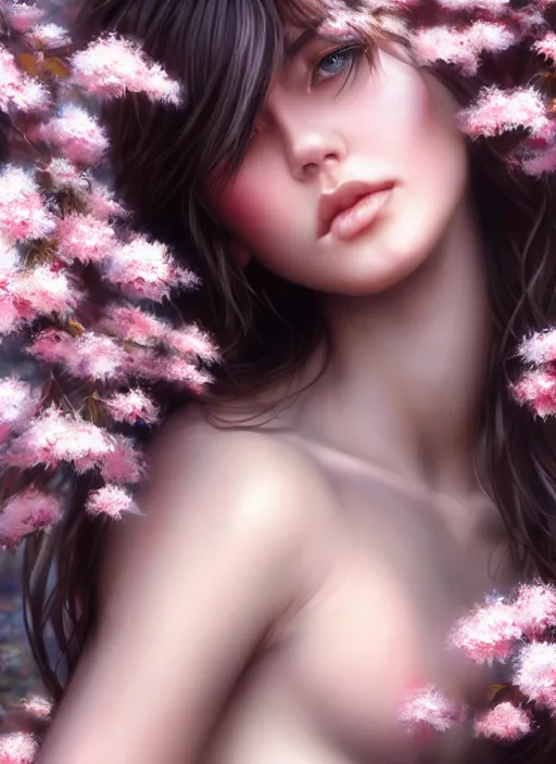 Image similar to photo of a gorgeous female with messy hair in the style of stefan kostic, realistic, body shot, sharp focus, 8 k high definition, insanely detailed, intricate, elegant, art by stanley lau and artgerm, cherry blossoms