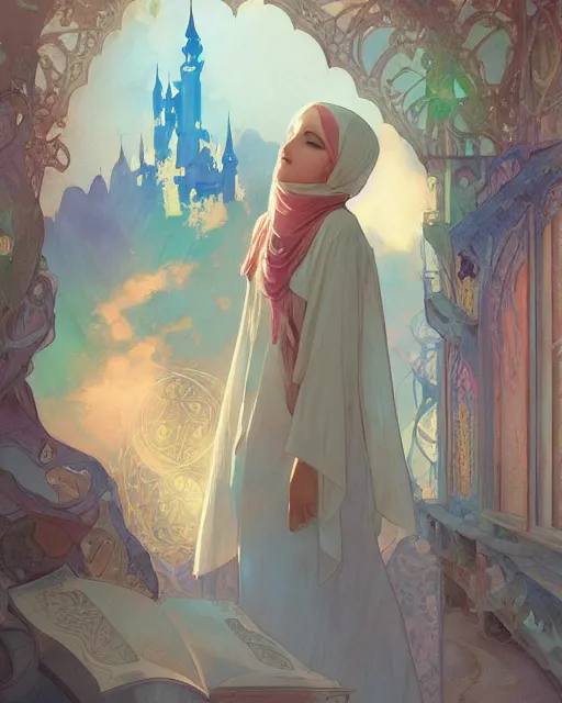 Prompt: pages of the quran falling down romantic storybook fantasy, soft cinematic lighting, award, disney concept art watercolor illustration by mandy jurgens and alphonse mucha and alena aenami, pastel color palette, featured on artstation