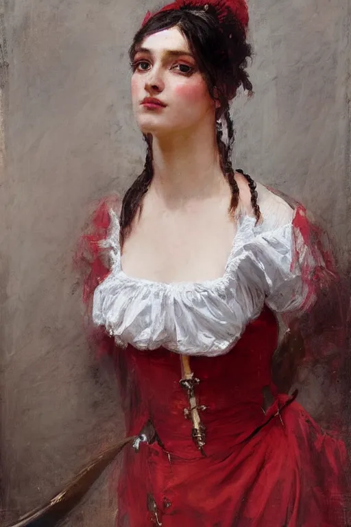 Image similar to Solomon Joseph Solomon and Richard Schmid and Jeremy Lipking victorian genre painting full length portrait painting of a young beautiful woman traditional german french pirate wench in fantasy costume, red background