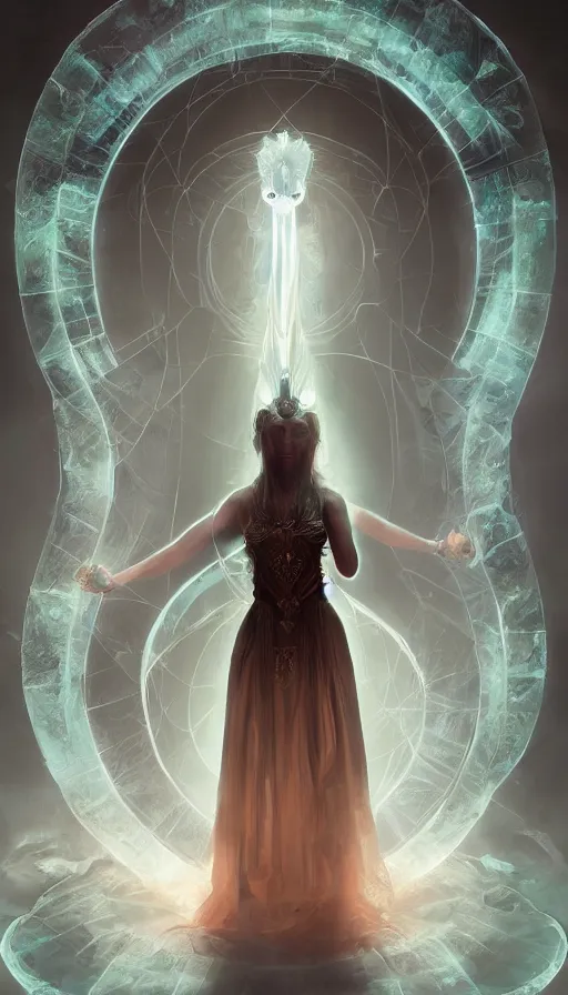 Prompt: goddess of illusion, beautiful, stunning, breathtaking, mirrors, glass, magic circle, magic doorway, fantasy, mist, bioluminescence, hyper - realistic, unreal engine, by d & d concept artists