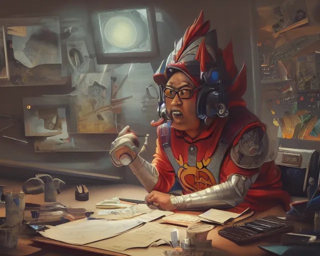 Image similar to an insanely detailed painting of a nerdy asian man wearing a superhero costume, sitting at a desk, staring at the nervously at the computer and typing, in the style of peter mohrbacher, dramatic lighting and composition, surreal background, octane render, pixar, trending on artstation, concept art, comic book, view from behind