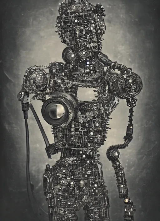 Image similar to old wetplate daguerreotype portrait of futuristic cyborg robot made from small screws and electrical wire, explosion of data fragments, fractal, intricate, elegant, highly detailed, parallax, leica, medium format, subsurface scattering, by jheronimus bosch and greg rutkowski and louis jacques mande daguerre