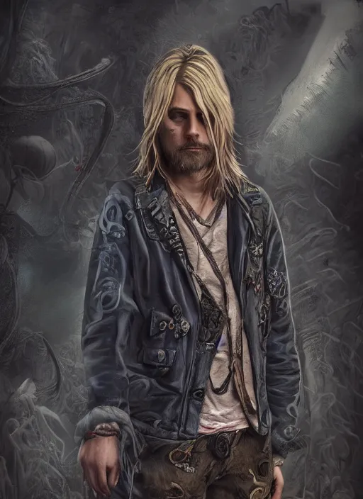 Image similar to detailed full body concept art illustration matte painting of kurt cobain pirate in full intricate clothing, ultra detailed, digital art, octane render, 4K, dystopian, micro details