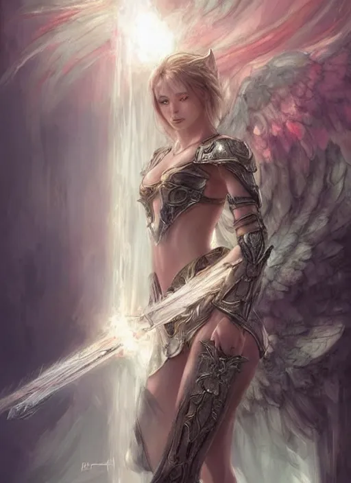 Image similar to concept art, angel knight girl. by artstation trending, by joseph mallord william turner, luis royo, konstantin razumov, cinematic lighting, highly detailed