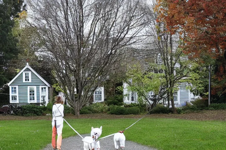 Prompt: the sour, dour, angry lady across the street is walking her three tiny white dogs on leashes. she shuffles around, looking down. she has gray hair. she is wearing a long gray cardigan and dark pants. highly detailed. green house in background. large norway maple tree in foreground. view through window.