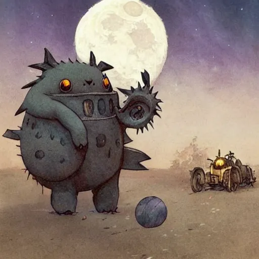 Image similar to ( ( ( ( ( grey lovecraftian mechanized pikachu demon from howl's moving castle ( 2 0 0 4 ), with a big head, on a desert road, wide shot, in front of a big moon. muted colors ) ) ) ) ) by jean - baptiste monge!!!