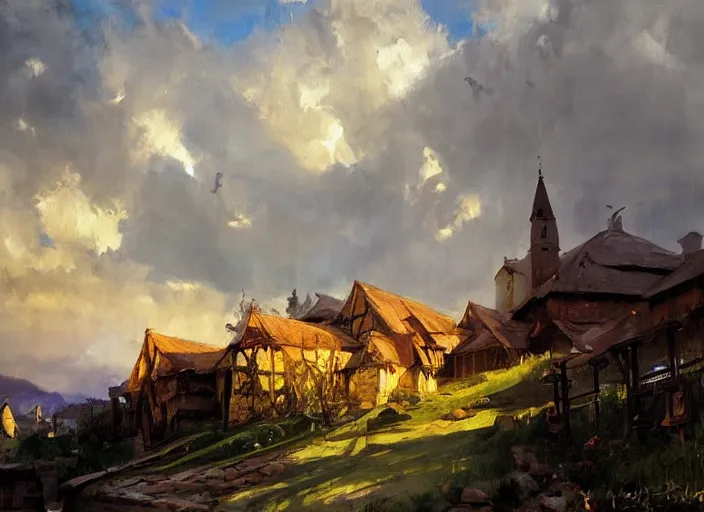 Prompt: oil painting of medieval village in dawn by anders zorn, wonderful art by greg rutkowski, incredible lighting, shadows, beautiful cinematic light, american romanticism by greg manchess, tall rocky mountains and storm clouds, sun rays, sunshine, bright sunny summer day