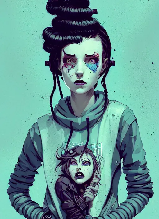 Image similar to highly detailed portrait of a sewer punk lady, tartan hoody, ringlet hair by atey ghailan, by greg rutkowski, by greg tocchini, by james gilleard, by joe fenton, by kaethe butcher, gradient light blue, black, cream and white color scheme, grunge aesthetic!!! ( ( graffiti tag wall background ) )