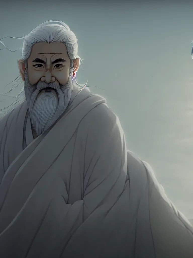 Image similar to the half body portrait of fuxi god in chinese mythology, long white hair, long white beard, atmospheric lighting, perfect shadow, portrait symmetry, wu geng period animation style, frontal lens, wearing a grey robe, in style of makoto shinkai, raphael lacoste, akihito tsukushi, peter mohrbacher, unreal engine, 4 k hd