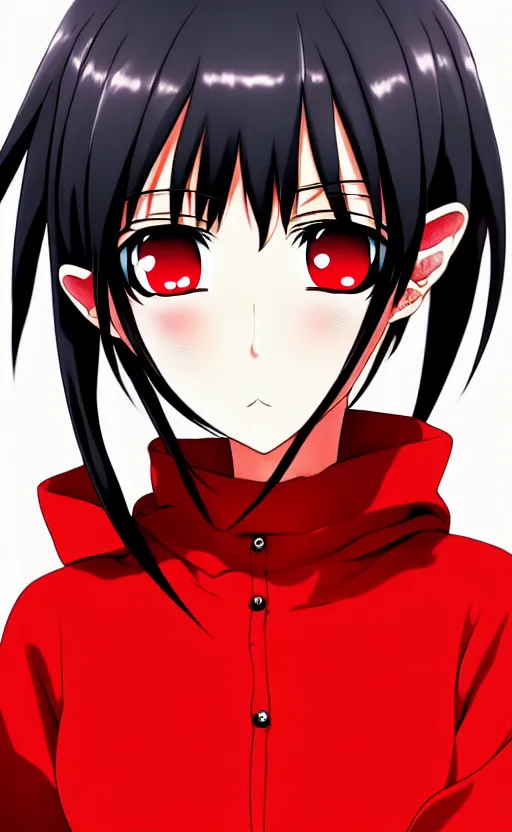 Image similar to anime girl with a detailed face and black hair in a red outfit, full body, trending, low angle, worms eye view, illustration,