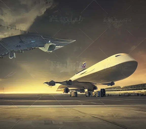 Image similar to futuristic sci fi jet plane lands at runway of cyberpunk airport,night photo ,dark cinematic lighting , digital concept art
