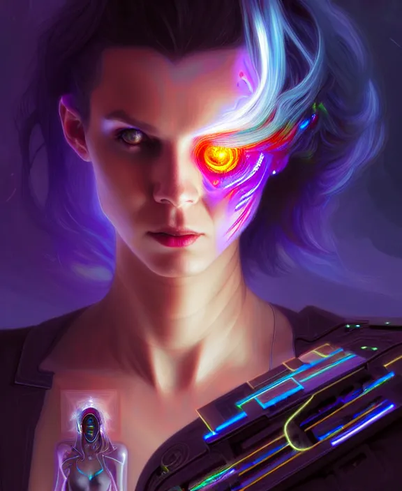 Image similar to a whirlwind of souls rushing inside the metaverse, hologram, half body, neurochip, shaved temple, piercing, jewelry, android, cyborg, cyberpunk face, by loish, d & d, fantasy, intricate, elegant, highly detailed, colorful, digital painting, artstation, concept art, art by artgerm and greg rutkowski and alphonse mucha