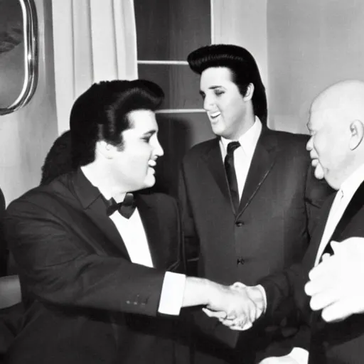 Prompt: photograph of elvis presley! shaking hands with nikita khrushchev!!