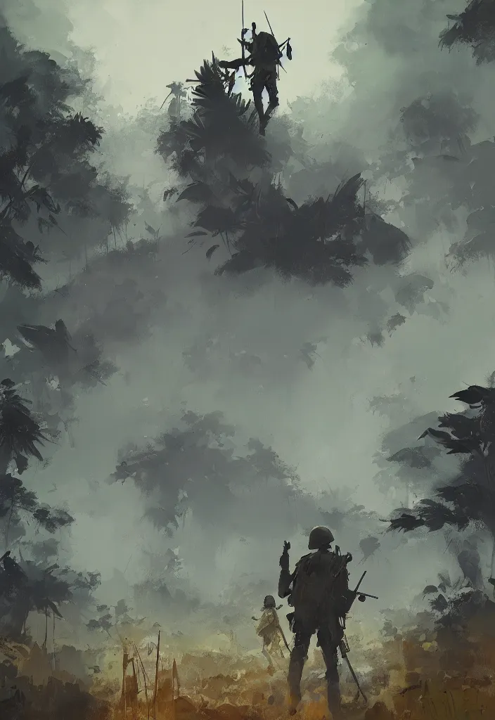 Image similar to ismail inceoglu epic painting of vietnam war, year 1 9 7 0, jungle, smoke and mist, painting, line art, art concept for a book cover, trending on artstation, by greg manchess and by craig mullins and by kilian eng and by jake parker