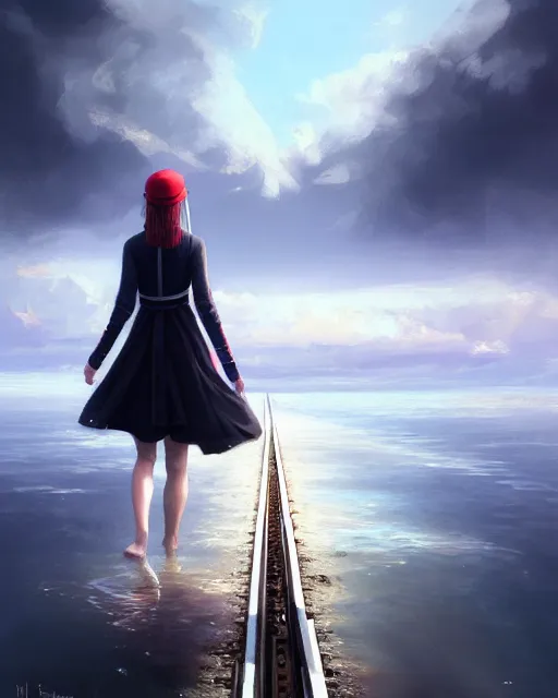 Prompt: photo of girl walking along train tracks sub submerged under a few inches of water, large white clouds in the distance, intricate, elegant, highly detailed, digital painting, artstation, concept art, smooth, sharp focus, illustration, art by artgerm and greg rutkowski and fra angelico