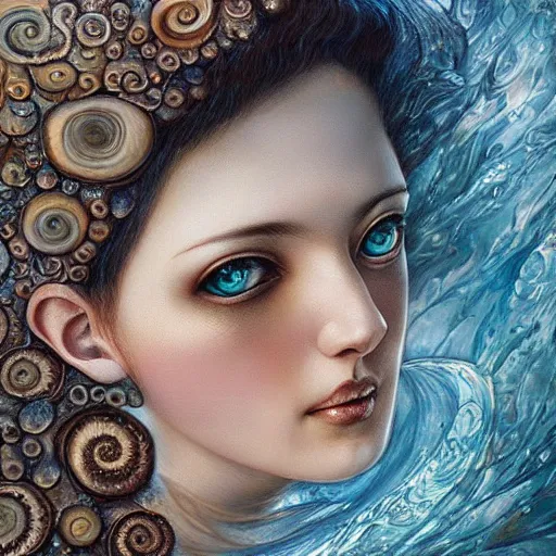 Prompt: a beautiful ammonite manipulating water by karol bak, ayami kojima, artgerm, river, water, blue eyes, smile, concept art, fantasy