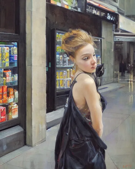 Prompt: a ultradetailed beautiful panting of a stylish woman standing next to a convenience store, she is wearing streetwear, highly detailed face, oil painting, half body painting, by ruan jia