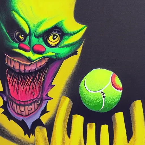 Image similar to a tennis ball monster ,tennis ball, joker, chalk, digital art, fantasy, magic, trending on artstation, ultra detailed, professional illustration by Basil Gogos