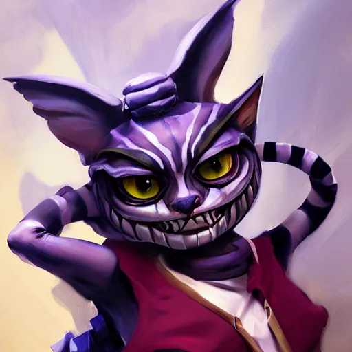 Image similar to greg manchess portrait painting of partially armored cheshire cat from alice in wonderland as overwatch character, medium shot, asymmetrical, profile picture, organic painting, sunny day, matte painting, bold shapes, hard edges, street art, trending on artstation, by huang guangjian, gil elvgren, ruan jia, randy vargas, greg rutkowski