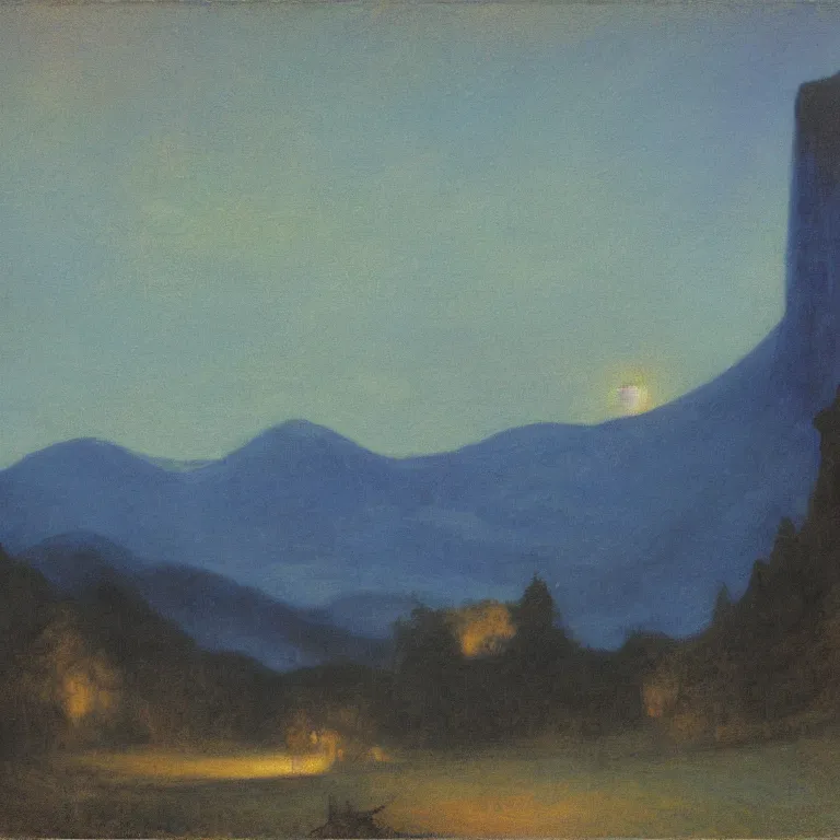 Image similar to zarathustra look up at the magic mountain, before dawn, oil painting, abbott handerson thayer, blue palette