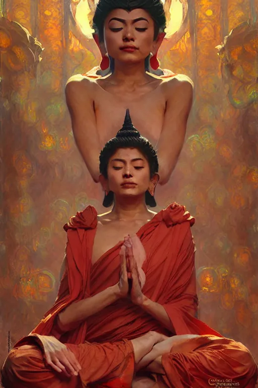 Image similar to temple, buddhism, painting by greg rutkowski, artgerm, claude monet, j. c. leyendecker