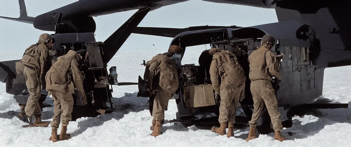 Prompt: extreme closeup color movie like 3 5 mm photograph of a middle aged caucasian us soldiers unloading dark grey metal rectangular crate from a black military 1 9 8 2 helicopter at a top secret military base in antarctica