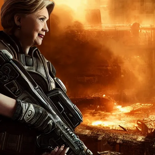 Image similar to hillary clinton in gears of war, splash art, movie still, cinematic lighting, dramatic, octane render, long lens, shallow depth of field, bokeh, anamorphic lens flare, 8 k, hyper detailed, 3 5 mm film grain