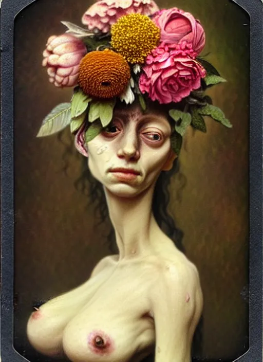 Prompt: beautiful and detailed rotten woman made of plants and many types of stylized flowers like carnation, chrysanthemum, roses and tulips, intricate, surreal, vladimir volegov, john constable, guy denning, gustave courbet, caravaggio, romero ressendi, 1 9 1 0 polaroid photo