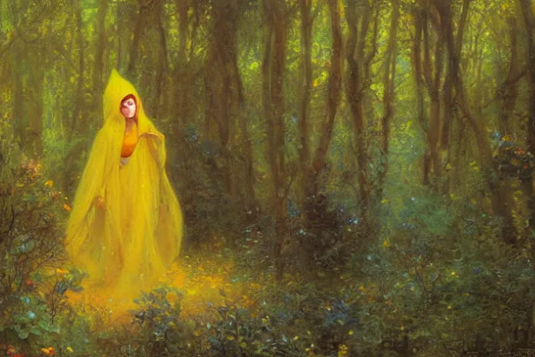 Image similar to illustration of a woman in a yellow hooded sweatshirt walking through a tangled forest in the astral plane. art by gaston bussiere.