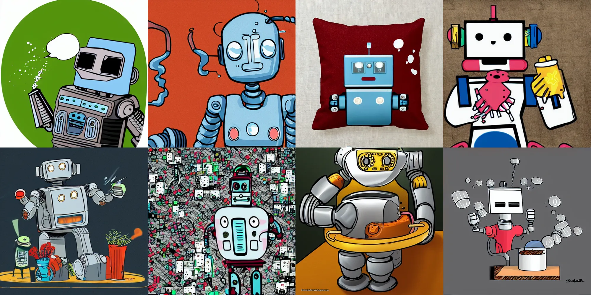 Prompt: robot is spitting pillows from his mouth, robot spits out pillows, robot vomits pillows, digital art