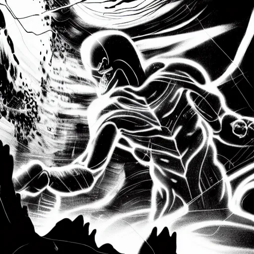 Image similar to black and white thanos fight with the thanos in a cave, by tsutomu nihei, black and white, old cave with slime and wires blur background, cinematic, perspective, realistic