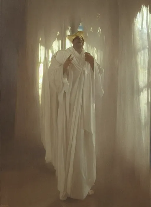 Image similar to an oil painting of a tall person in flowing white robes wearing a white venetian carnival mask standing in a gloomy dark room with hazy sunlight streaming through the window, in the style of john singer sargent, greg rutkowski, maxfield parrish and alphonse mucha