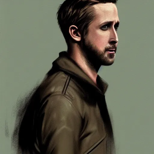 Prompt: very detailed masterpiece painting of ryan gosling wearing a jacket, portrait, artstation, concept art by greg rutkowski