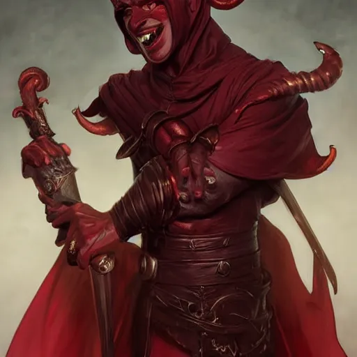 Prompt: portrait of a male tiefling with dark red skin wearing a black hood, smiling, D&D, fantasy, intricate, elegant, highly detailed, digital painting, artstation, concept art, smooth, sharp focus, illustration, art by artgerm and greg rutkowski and alphonse mucha