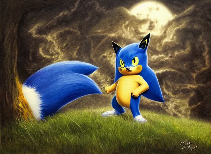 Image similar to Pikachu sonic the hedgehog hybrid in the Shire by Alan Lee, moonlight, concept art, detailed clothing, art station, oil painting