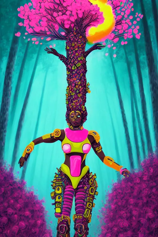 Prompt: illustration neo - futurist cinematic super expressive! yoruba goddess with exoskeleton armor, merging with tree in a forest, pink yellow flowers, highly detailed digital art masterpiece, smooth etienne sandorfi eric zener dramatic pearlescent soft teal light, ground angle uhd 8 k, sharp focus