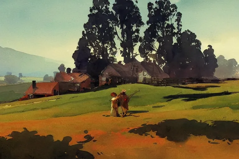 Prompt: california style watercolor painting of houses in distance, at the edge of wide fields, very beautiful ambient lighting, sun rays, dust, art by anders zorn and winslow homer, wonderful masterpiece by greg rutkowski, cinematic light, american romanticism by greg manchess, creation by tyler edlin