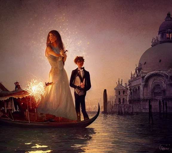 Image similar to photography of a 1 8 th couple in venice with fireworks, deep focus, intricate, elegant, highly detailed, digital painting, artstation, concept art, matte, sharp focus, illustration, art by artgerm and greg rutkowski and alphonse mucha and gil elvgren