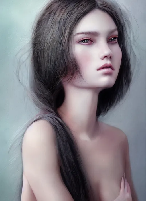Image similar to a realistic photo portrait of beautiful 👧 with soft 👀 fashion modeling pose, full body, like a professional model, face by WLOP, body by Alex Flores, face symmetry, style of Dan Luvisi, and Charlie Bowater, rendered, cinematic color grading, muted colors, soft light, rule of thirds, cinematic