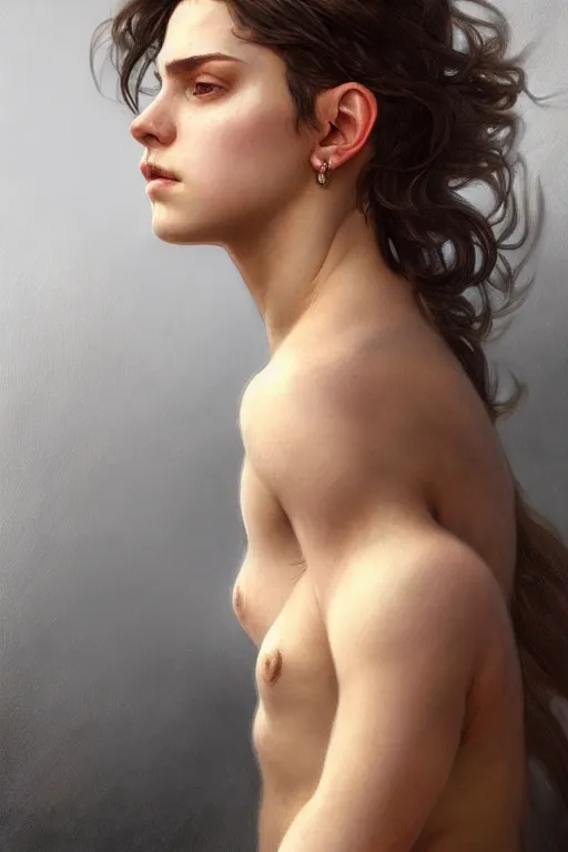 Image similar to photorealistic portrait of a young butch fae woman, handsome, female, masculine, upper body, fantasy, fierce, sharp features, intricate, elegant, highly detailed, digital painting, artstation, concept art, matte, sharp focus, illustration, art by artgerm and greg rutkowski and alphonse mucha