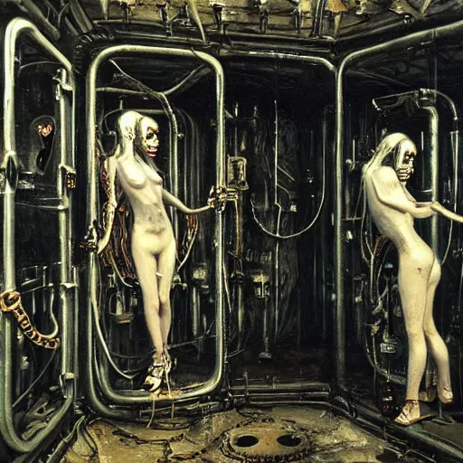 Prompt: horrorpunk interior of pristine steampunk asylum laboratory testing chamber containing a chained mutant cyborg nicola samori hr giger william-adolphe borguereau viktor vasnetsov charlie bowater acrylic painting