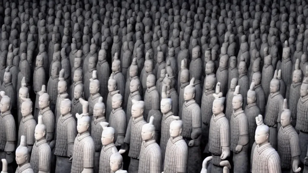 Image similar to A terracotta army of David Byrne in big suits, vintage photograph