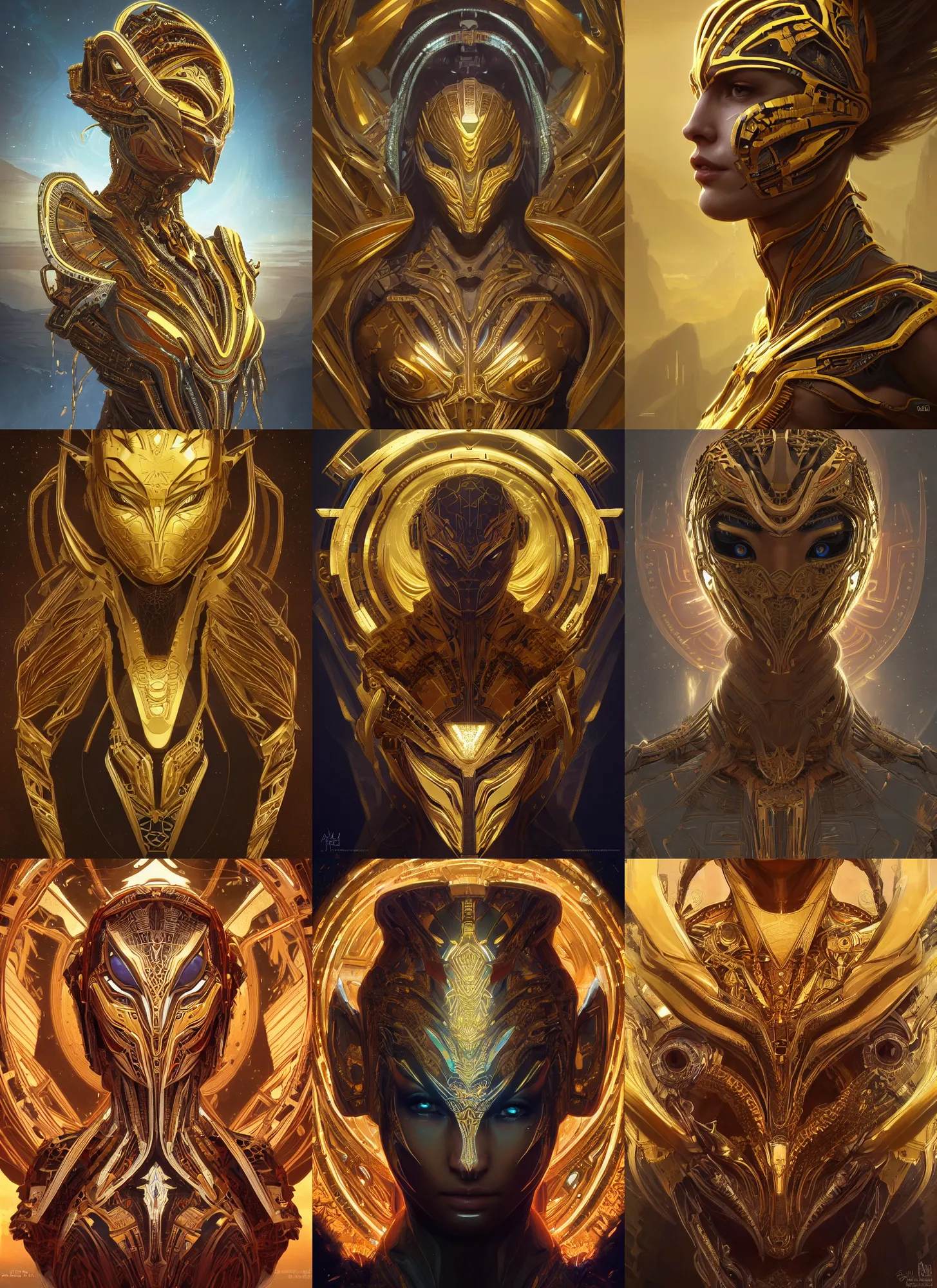 Prompt: symmetry!! portrait of gold alien in the style of horizon zero dawn, machine face, intricate, elegant, highly detailed, digital painting, artstation, concept art, smooth, sharp focus, illustration, art by artgerm and greg rutkowski and alphonse mucha, 8 k