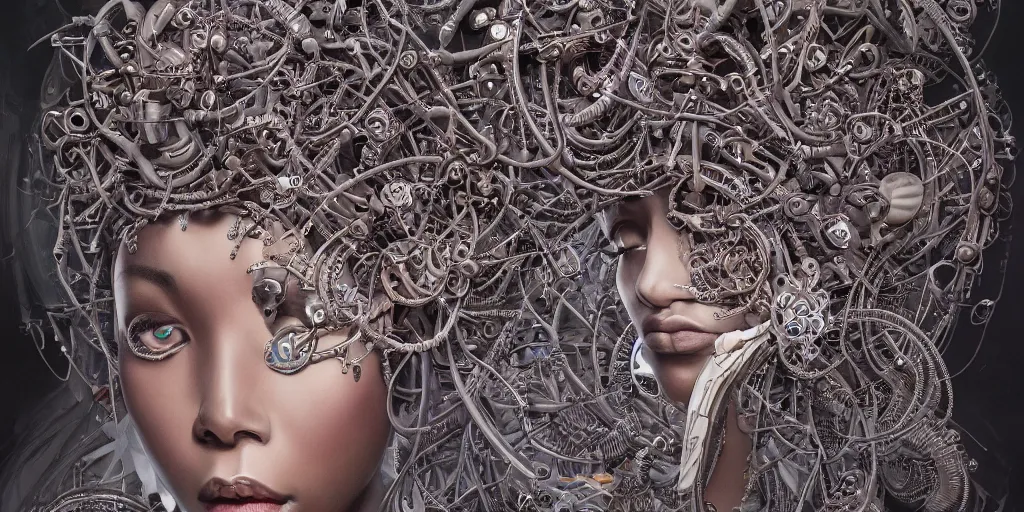 Prompt: hyperrealistic photography of a highly detailed and symmetrical gorgeous black female demigorgon deconstructing a poetry machine in the style of jin kagetsu, james jean and wlop, highly detailed, face symmetry, masterpiece, award - winning, sharp focus, intricate concept art, ambient lighting, 8 k, artstation