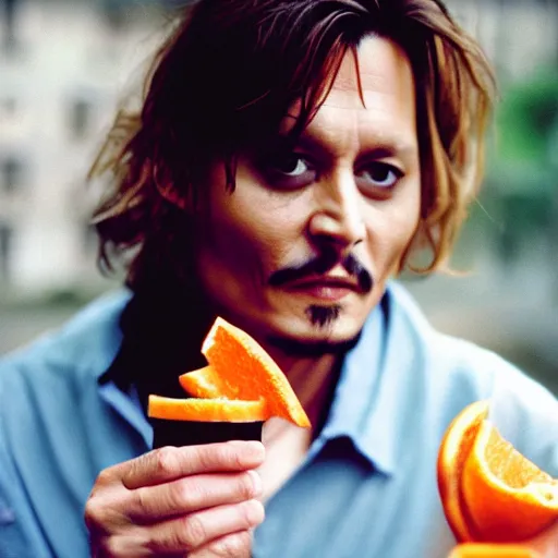 Image similar to johnny depp eating orange cake coloured film photography, 5 0 mm film