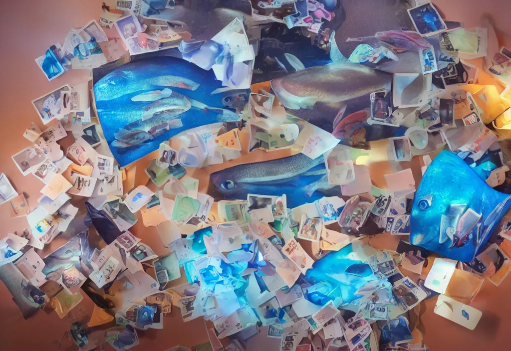 Prompt: 3 d fishes popping out of curved movie screen, volumetric lighting, bedroom, sleeping, pair of keycards on table, bokeh, creterion collection, shot on 7 0 mm, instax