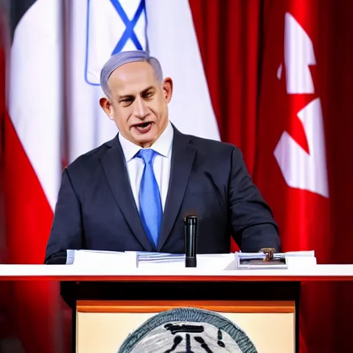 Prompt: photograph of Benjamin Netanyahu giving a speech with a podium in front of him, suited men with medical masks standing behind him, cinematic lighting, official media, HQ, 4K, news photography