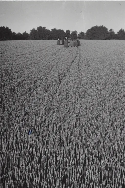 Image similar to vintage photograph of possessed villagers in a wheat field staring at you wide - eyed, at night